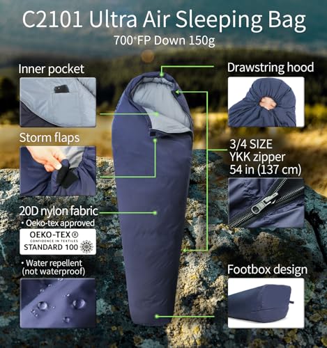 Litume Ultra Compact Down 3 Season Mummy Sleeping Bag, 700 Fill Power Sleep Sack for 3 Season, Ultra Lightweight, Compact ...
