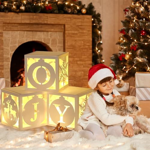 Light Up Christmas Decorations Indoor - 3pcs White Hollow-Out Paper Joy Boxes with Warm Light String, Holiday Fireplace Ch...