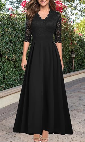 REPHYLLIS Women's V Neck Lace Vintage Formal Bridesmaid Wedding Long Dress