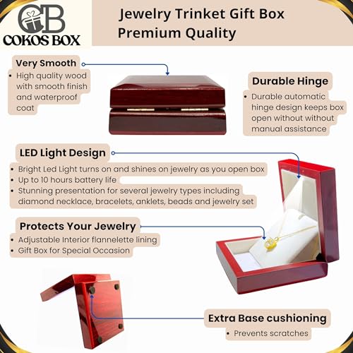 Necklace Box with LED Light – Small Jewelry Display Case for Bracelet, Earrings, or Chains – Luxury Lighted Wooden Presentation Box for Gifts, DIY Crafts (Mahogany Cream Interior, 4 X 4 Inch)