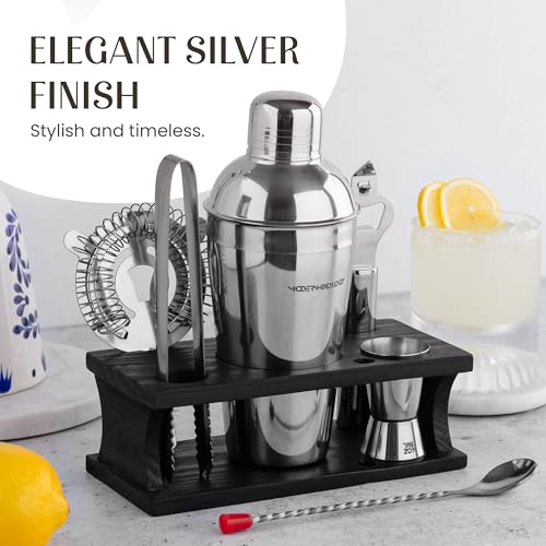 Modern Mixology Cocktail Shaker Set - 8 Piece Bartender Kit on Quality Pine Stand | Complete Cocktail Kit Gift Set | Top B...