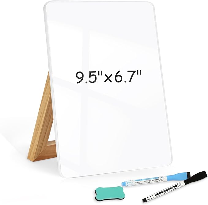 WALGLASS Desktop Glass White Board 9.5"x 6.7" with Reversible Wood Stand, Small Dry Erase Board, Portable Whiteboard for D...