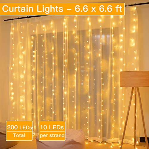 Ollny Curtain Lights 200 LED 6.6x6.6ft, Warm White Waterproof Fairy Lights Curtain for Bedroom Backdrop Wedding Party Deco...