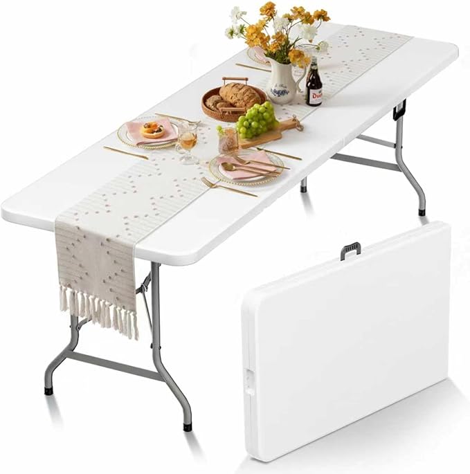 HLPB Folding Table Picnic Table, 8 ft Portable Camping Table with Handle and Safety Locks, Foldable Table Plastic Dining T...