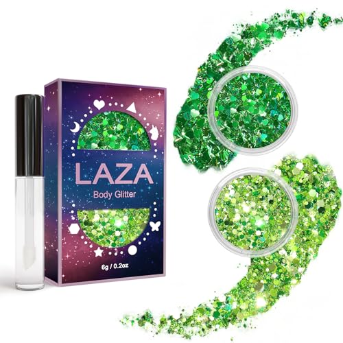 Laza 2 Jars St. Patrick’s Day Body Glitter Iridescent Chunky Sequins with Glitter Glue Women Eyeshadow Makeup Face Paint F...