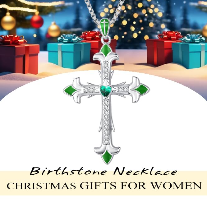 CupidGift Cross Necklace for Women 14K 18K White Gold Plated Dainty Round Emerald Birthstone Everyday Necklaces Jewelry Baptism Faith Anniversary Christmas Birthday Gifts for Wife Mom