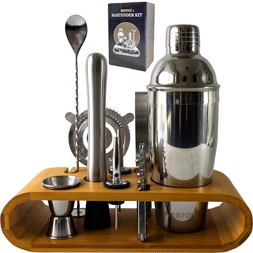 Restole 10-Piece Cocktail Shaker Bartender Kit - Elegant Drink Mixer Set Muddler Jigger Strainer, Dishwasher Safe, for Hou...