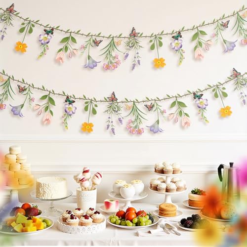 Ghegicu 2PCS Flower Banner Reusable Wildflower Garland Floral for Spring Party Enchanted Garden Theme Picnic Wedding Baby ...