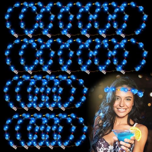 YOFOBU 24PCS LED Flower Crown,Blue Light Up Flower Headband for Women,Glow in The Dark Flower Wreath Crowns for Halloween,...
