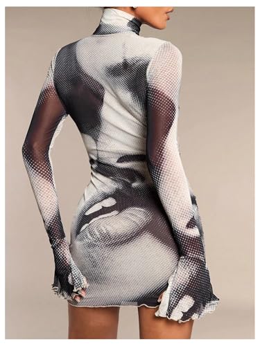 GORGLITTER Women's Mesh Long Sleeve Rave Festival Dress Y2K Fall Gothic High Neck Newspaper Going Out Club Mini Dresses