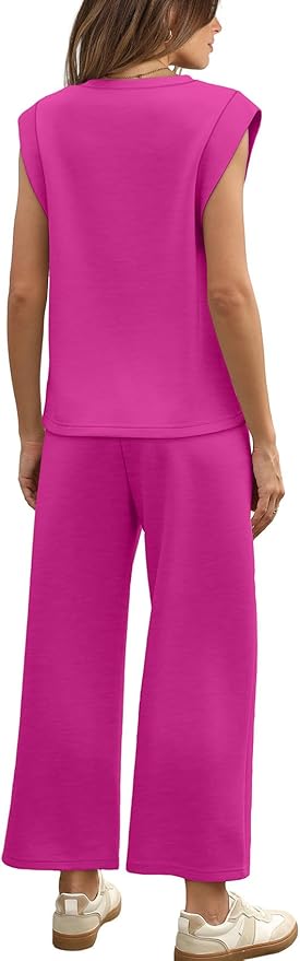 WIHOLL 2 Piece Sets for Women Summer Lounge Sets Travel Vacation Outfits Cap Sleeve Sweatsuit Side Slit Wide Leg Pants S-3XL