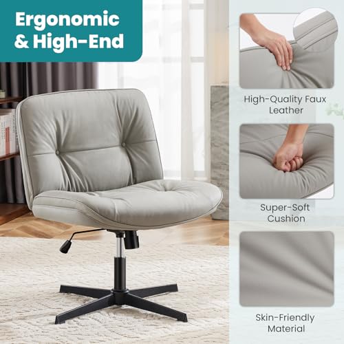 OLIXIS Criss Cross Chair Without Wheels, Cross Legged Office Chair, Armless Wide Vanity Desk Chair with Comfy PU Leather& ...