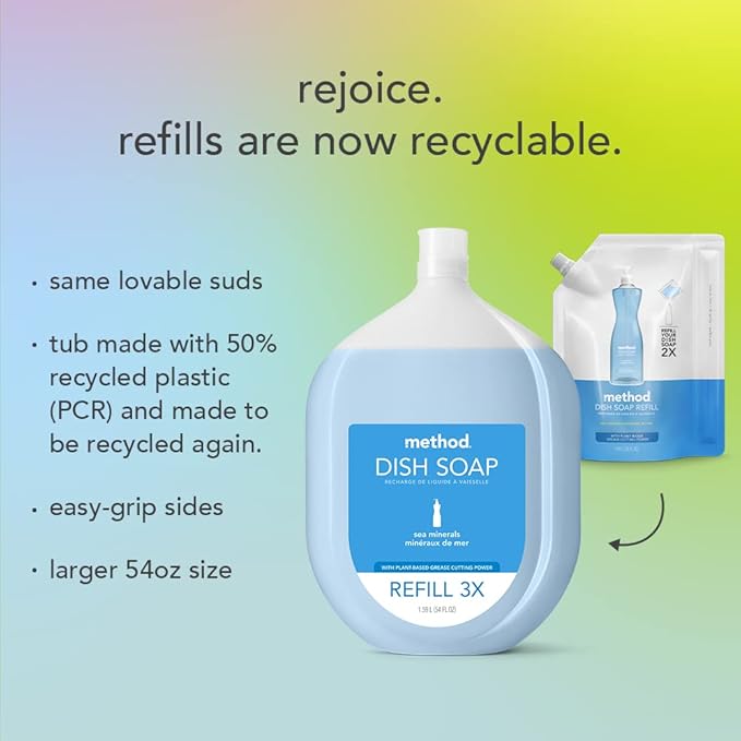Method Gel Dish Soap Refill, Clementine Scent, Powerful Cleaning Formula, Large Refill Tub, Biodegradable Formula, Cuts Through Grease, 54 Fl Oz (Pack of 3)