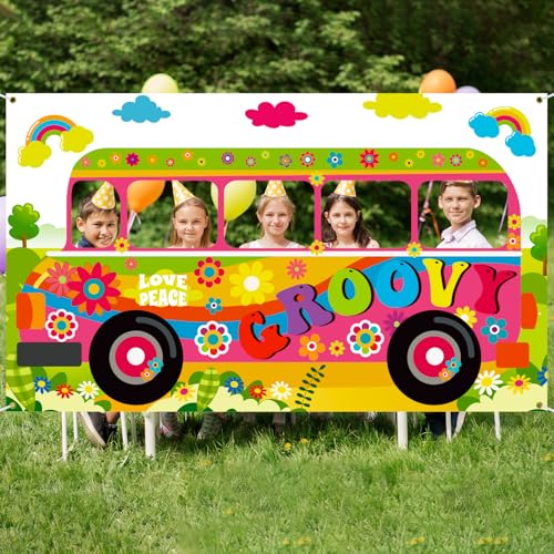 Buryeah 2 Pcs 60's Theme Party Decorations Hippie Bus Photo Prop Hippie Theme Party Backdrop Groovy Selfie Frame Banner fo...