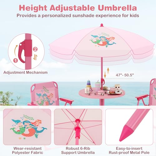 Costzon Kids Picnic Table, Kids Outdoor Table with 2 Folding Chairs, Height Adjustable Umbrella, Portable Children Outdoor...