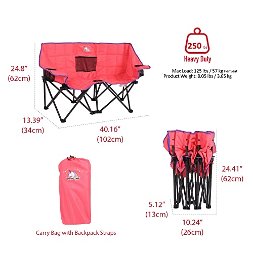 SUNNYFEEL Kids Folding Double Camping Chair, Portable Kids Camping Chairs 2 Seat Chair, Pink Padded Foldable Lawn Chairs w...