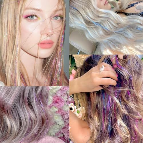 Hair Tinsel,18 Colors Hair Tinsel Kit for Girls 7600 Strands Fairy Tinsel Hair Extensions Holographic Hair Tinsel Heat Res...