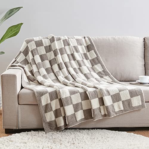 CozeCube Super Soft Fullfy Microfiber Reversible Knitted Blankets, Warm Cozy Fuzzy Plush Throw, Grey and White Checkered T...
