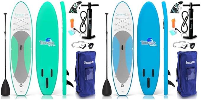SereneLife Inflatable Stand Up Paddle Board (6 Inches Thick) with Premium SUP Accessories & Carry Bag | Wide Stance, Botto...