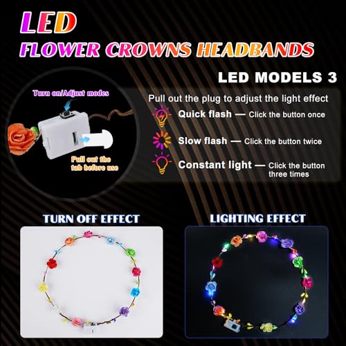 Valentines Day Gifts, 24 PCS LED New Year Flower Crowns Headbands, Light Up Flower Crowns for Women & Girls, Glow in The D...