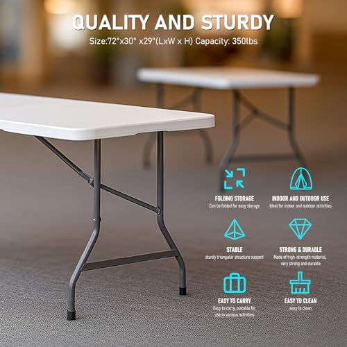 ONUUNPY 6ft Heavy Duty Portable Folding Table - Plastic Dining Table Indoor/Outdoor White Plastic Table for Parties, BBQs,...