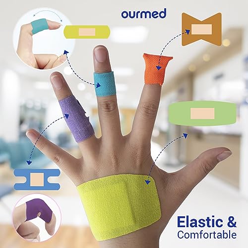Ourmed Flexible Fabric Bandages with Non-Stick Pad, Latex Free, Rainbow Colors Adhesive Bandage First Aid Wound Care for C...