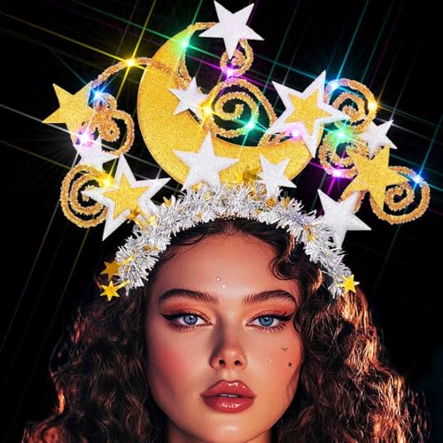 Fashey Light Up Star Headband Gold Moon Crown Led Christmas Headbands Holiday Hair Accessories for Women
