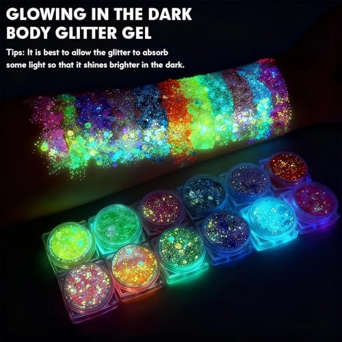CNDNO 12 Colors Glow in The Dark Glitter Gel,Makeup Chunky Fine Glitter for Women, UV Black Light Body/Face/Hair/Eyeshadow...