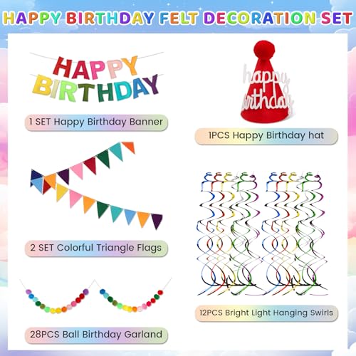 Pre Strung Happy Birthday Banner Set - Felt Ball Garland, Felt Birthday hat and Pennant Flags & Colorful Hanging Swirl, Re...