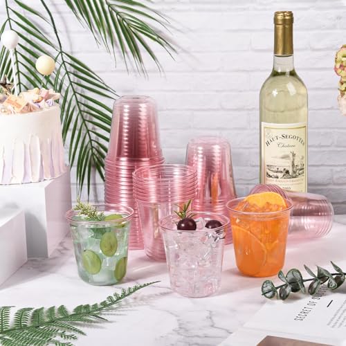 Benestanti 100 Pcs Pink Plastic Cups,12oz Disposable Stemless Wine Glasses for Cocktail,Cute Plastic Cups,Cocktail Wine Gl...