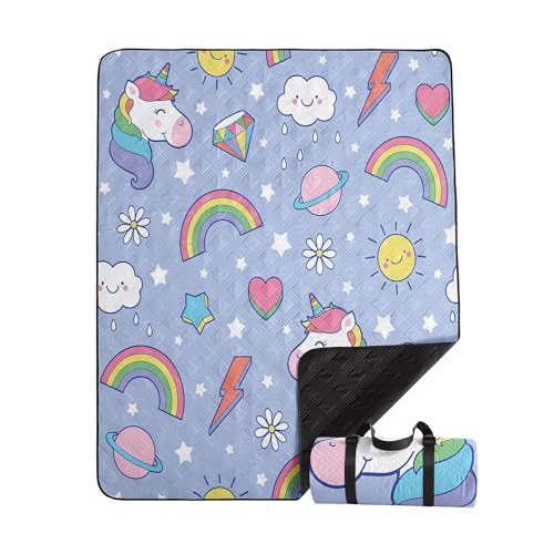 Smell Sunshine Outdoor Picnic Blanket,Portable Sandproof Waterproof Picnic Mat,Rainbow Unicorns Printed Camping Beach Mat ...
