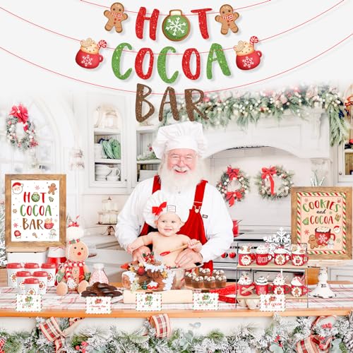 Hot Chocolate Bar Kit,Green Red Christmas Hot Cocoa Bar Supplies, Gingerbread Man Hot Cocoa Bar Banner Sign Toppings Label...