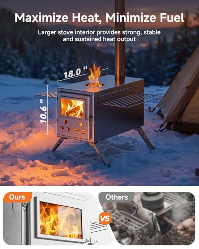 Hot Tent Wood Stove, Portable Camping Wood Burning Stove with 8 Stainless Chimney Pipes, Folding Wood Stove for Tent, Outd...