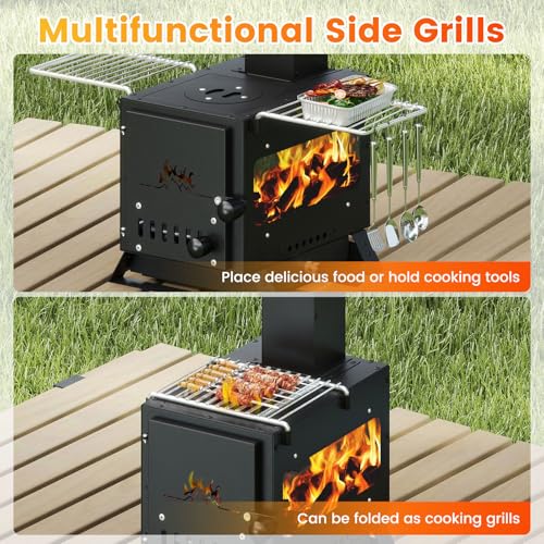 Giantex Portable Wood Burning Stove, Hot Tent Stove with 3 Cooking Positions, Anti-scalding Door Handle, Glass Window & 2 ...