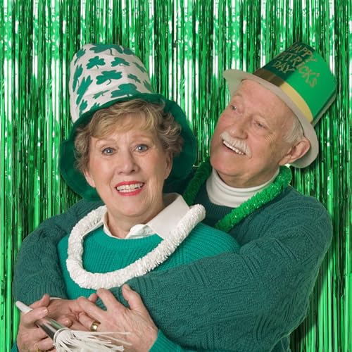 2 Pack Green Streamers Backdrop Jungle Party Decorations Foil Fringe Backdrop Curtains Photo Booth Backdrop for Birthday D...