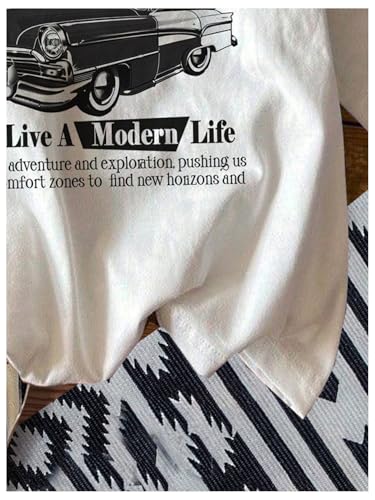 RoseSeek Women's Graphic Letter Tee Crew Neck Drop Shoulder Trendy Summer T Shirt Short Sleeve Vintage Car Print Top