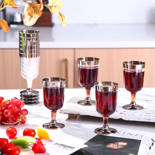 Uiifan 6 oz Plastic Wine Glasses, 100 Pcs, Reusable, Clear with Silver Rim, for Wedding, Birthday, Champagne Party Supplies