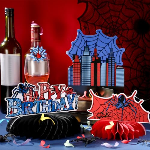 Outus 9 Pcs Spider Birthday Party Decorations Spider Honeycomb Centerpiece 3D Table Topper Standing Decorations Hero Web T...