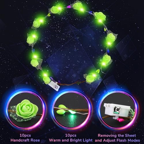 YOFOBU 36PCS LED Flower Crown,Green Light Up Flower Headband for Women,Glow in The Dark Flower Wreath Crowns for Valentin...