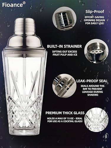 Fioance Glass Cocktail Shaker, 15oz Cutting Design - Exquisite Martini Shaker for Elevated Mixology. Perfect for Christma...