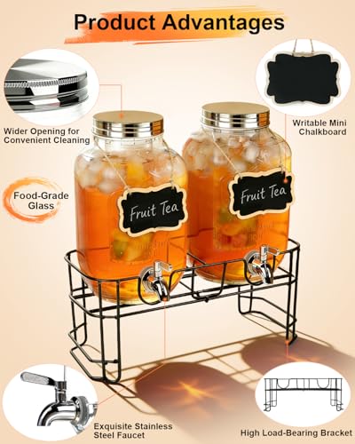 GVUHR 1 Gallon Drink Dispenser 2 Pack with Stand - Glass Beverage Dispenser for Parties, Juice, Water - Includes Spigot an...