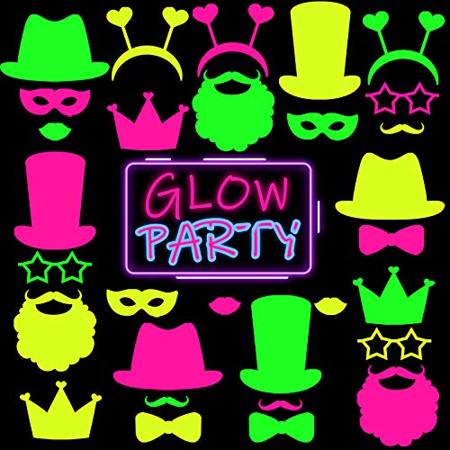 Skylety 24 Pcs Neon Photo Booth Props Glow Photo Booth Fully Assembled Neon Glow Party Colorful Black Light Fluorescent Pa...