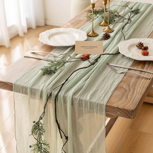 Keketoarrange Sage Green Spring Easter Cheesecloth Table Runner 120 Inch 10 FT Rustic Boho Cheese Cloth Runner for Wedding...