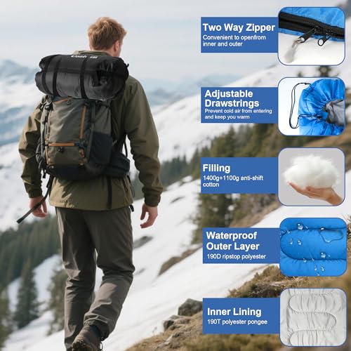 2-in-1 Detachable Sleeping Bag,Waterproof 4-Season Adult Sleeping Bags w/Removable Cotton Liner – Converts to 2 Lightweigh...