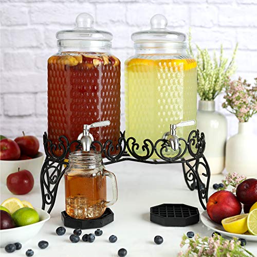 Double Glass Beverage Dispenser Set - 2 Gallon Punch Dispensers with Stand, Spigot, and Drip Trays | Ideal for Juice, Tea,...