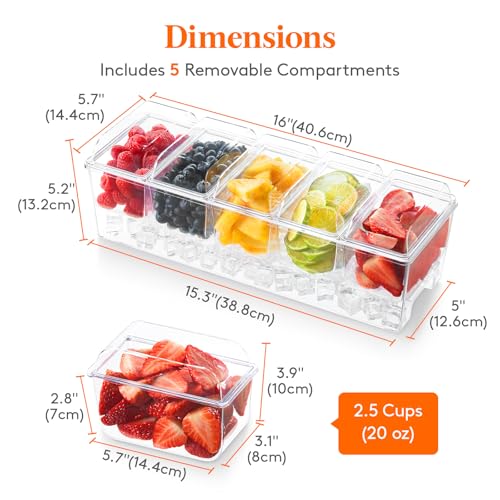 Lifewit Ice Chilled Condiment Caddy with 5x 20oz(2.5 cup) Containers, 15.3" Condiment Server with Separate Lids, Serving T...