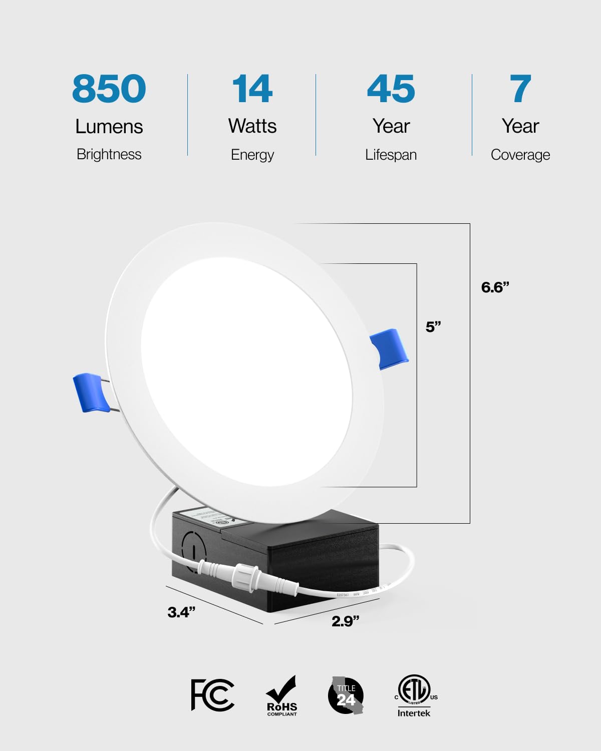 Sunco Lighting - 6 Pack 6 Inch Ultra Thin LED Recessed Ceiling Lights, 5000K Daylight, Dimmable, 14W, Wafer Thin, Canless with Junction Box.