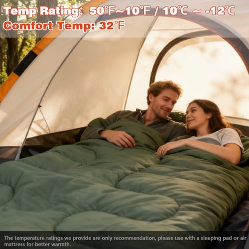 WKFAMOUT 0 Degree Double Sleeping Bag for Adults Queen Size 2 Person Sleeping Bag for Cold Weather with Compression Sack f...