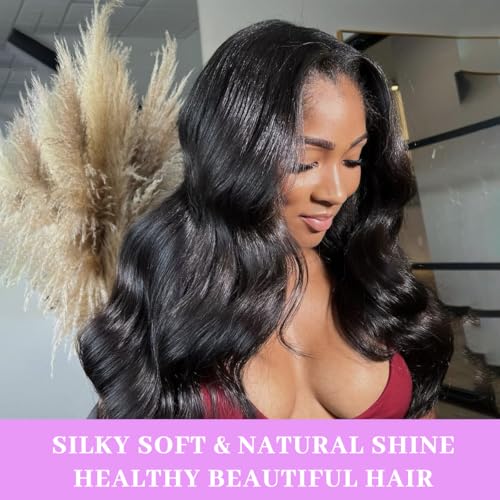 14 16 18 Inch Real Human Hair Bundles Body Wave 3 Bundles Unprocessed Natural Black Remy Body Wave Brazilian Virgin Cambodian Hair Wavy, 1b, No Tangle No Shedding, True to Length