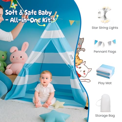xiaowantong Teepee Tent for Kids with Padded Mat, Lights, and Carry Bag, Washable Playhouse for Indoor Use, Ideal Play Ten...